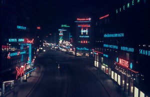 Central Stockholm, all lit up in 1944. On the left is the Royal Cinema an don the right Meeths department store