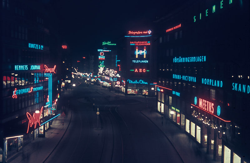 Central Stockholm, all lit up in 1944. On the left is the Royal Cinema an don the right Meeths department store