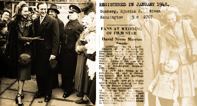 David Niven and Hjordis Genberg, wedding photo, 1948