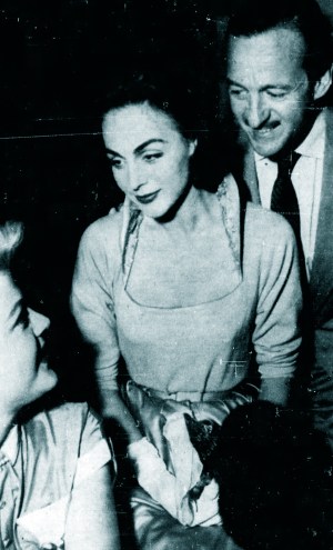 Hjordis and David Niven greet Angela Lansbury in Las Vegas, 1955