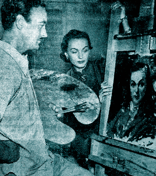 David Niven painting a portrait of Hjordis, 1949