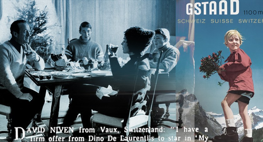 David Niven and family. Christmas in Chateau D'Oex, 1960