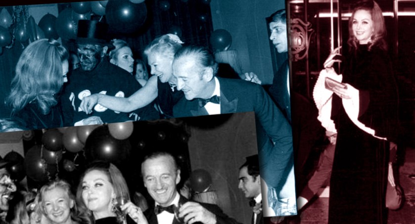 David and Hjordis Niven party-on in 1969. No idea why the gentleman in the top hat has a piglet under his arm. [Scottish first footer?]