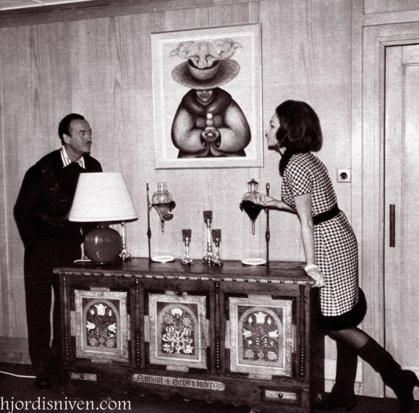 David and Hjördis Niven in in their chalet at Chateau D'Oex, April 1965.