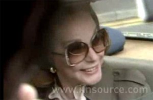 Hjordis Niven in car outside David's hospital in London. 3rd March 1983