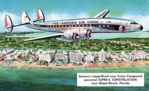 Lockheed Constellation flying over Miami Beach, late 1940s