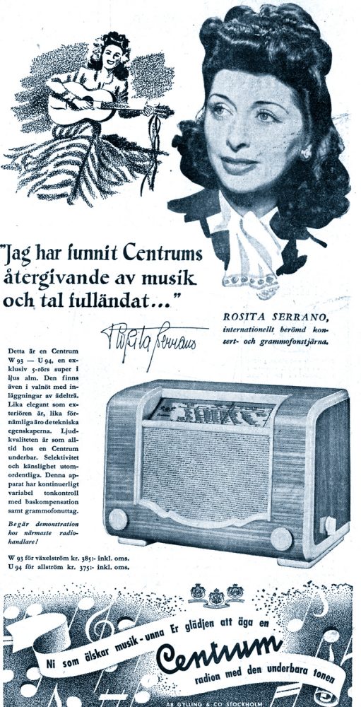 Swedish radio advert, 1944. Endorsed by Rosita Serrano