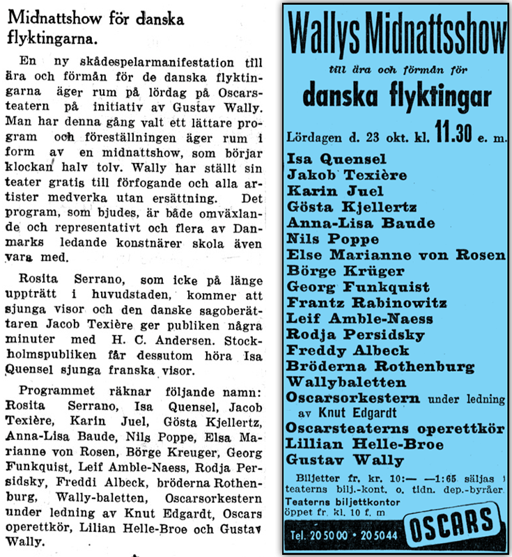 Promotion for a charity show for Danish refugees on 23rd October 1943.