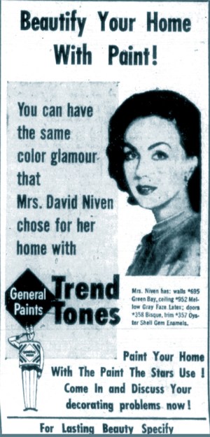 Hjordis Niven advertising house-paint in February 1958.