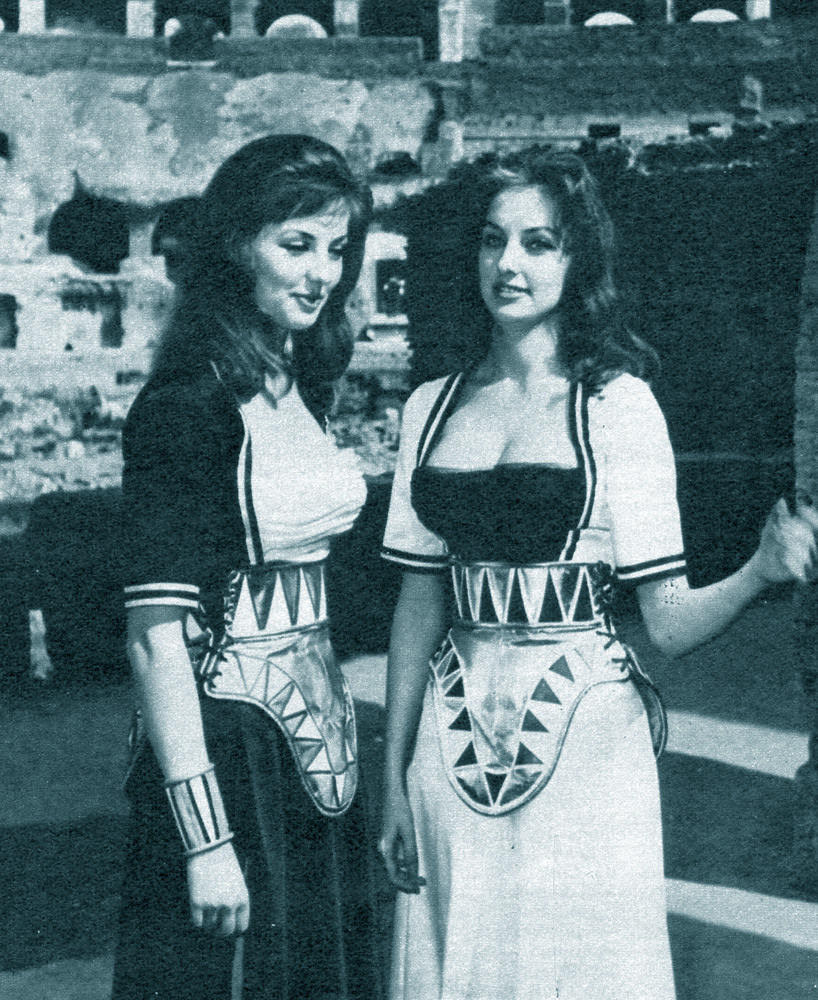 Pia and Mia Genberg in their movie costumes at the Colosseum in Rome.