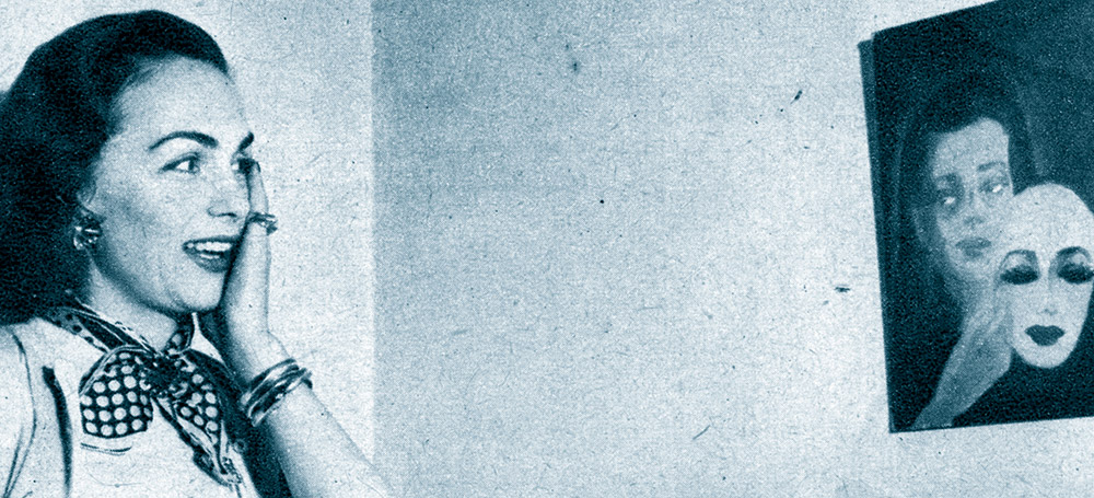 Hjördis Niven confronted by one of her old paintings, 1950