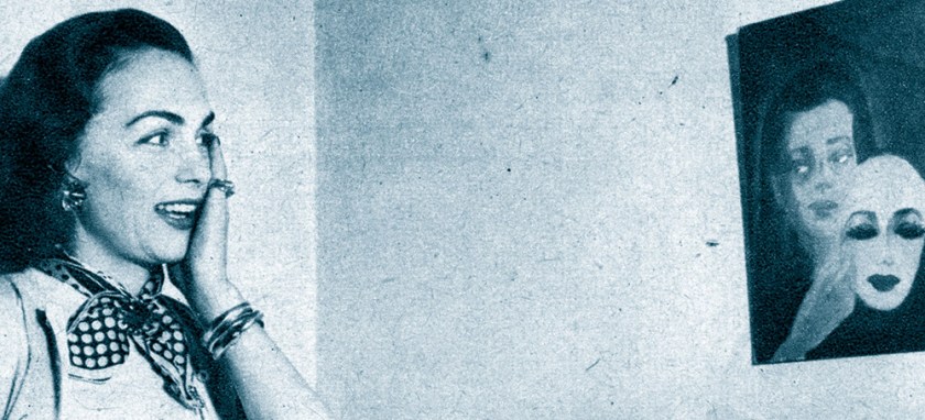 Hjördis Niven confronted by one of her old paintings, 1950